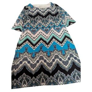 Studio One New York Womens Dress Size L Blue Black White Zig Zag Paisley Print
